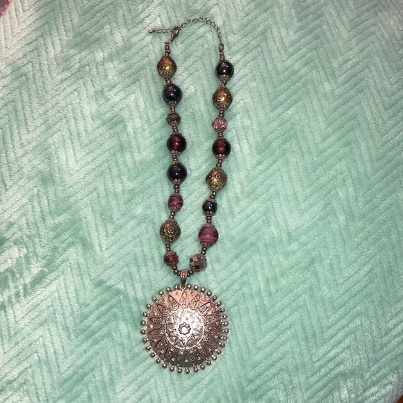 Purple-Beaded, Silver Medallion Necklace - Picture 4 of 5